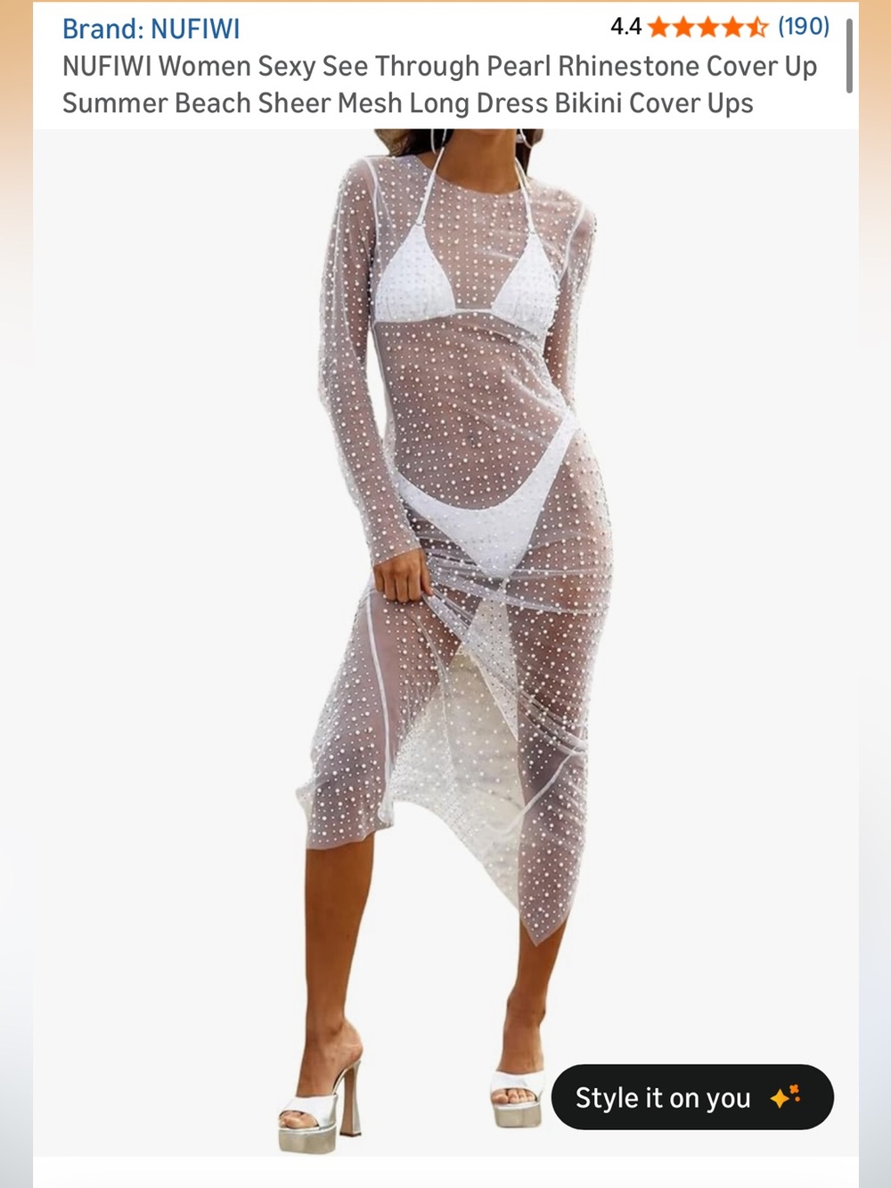 Amazon White Sheer Pearl Mesh Beach Cover-Up Dress